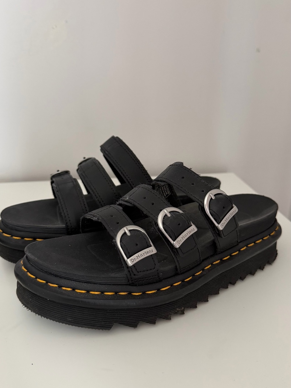 Dr. Martens Black Triple-Strap Platform Slide Sandals with Yellow Stitching